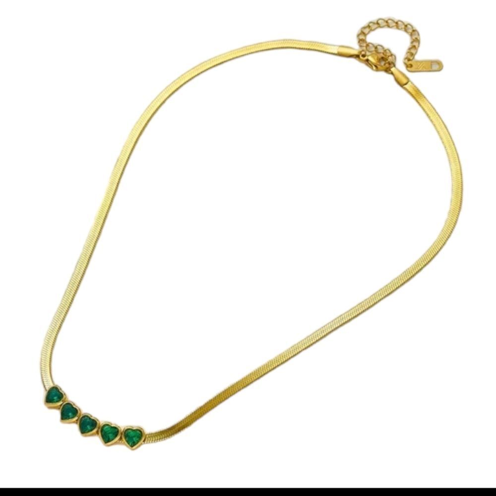 Green Hearts Stainless Steel Crystal Gold-tone Snake Chain Choker Necklace